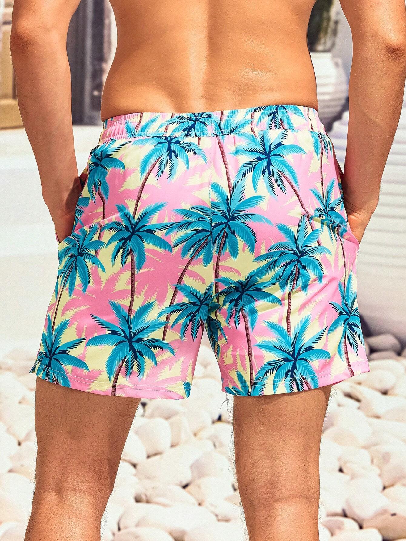Coconut Tree Print Drawstring Waist Shorts-Waves And Trunks