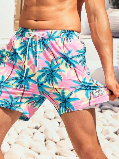 Coconut Tree Print Drawstring Waist Shorts-Waves And Trunks