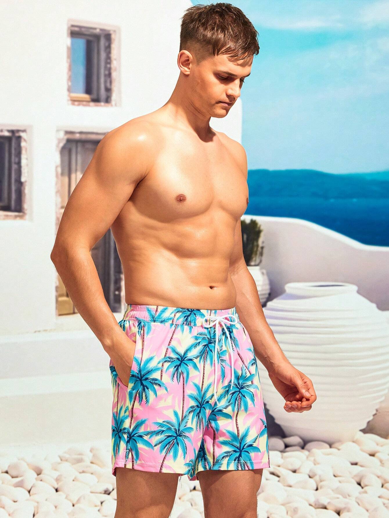 Coconut Tree Print Drawstring Waist Shorts-Waves And Trunks