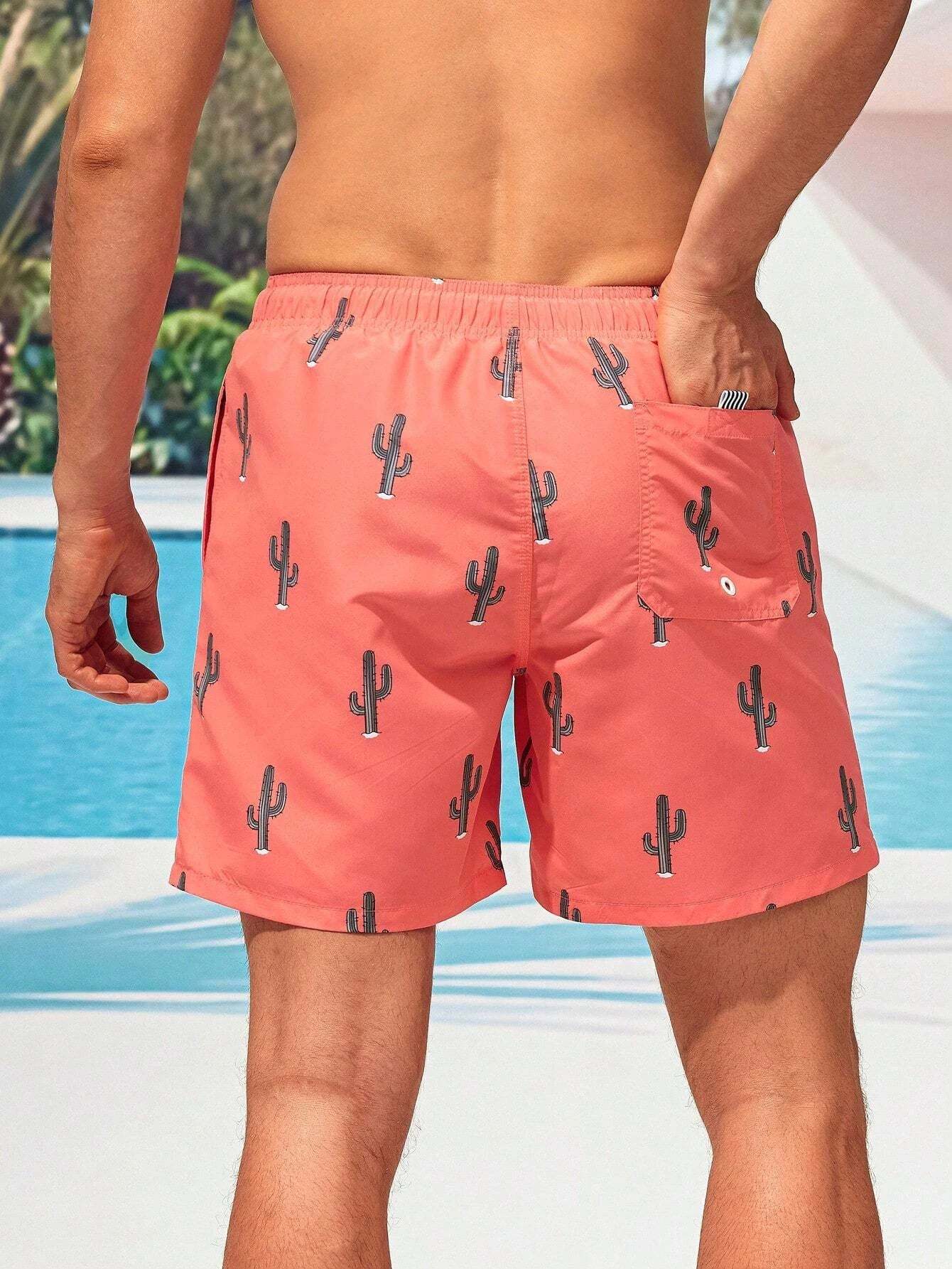 Cactus Printed Drawstring Waist Swim Trunks-Waves And Trunks
