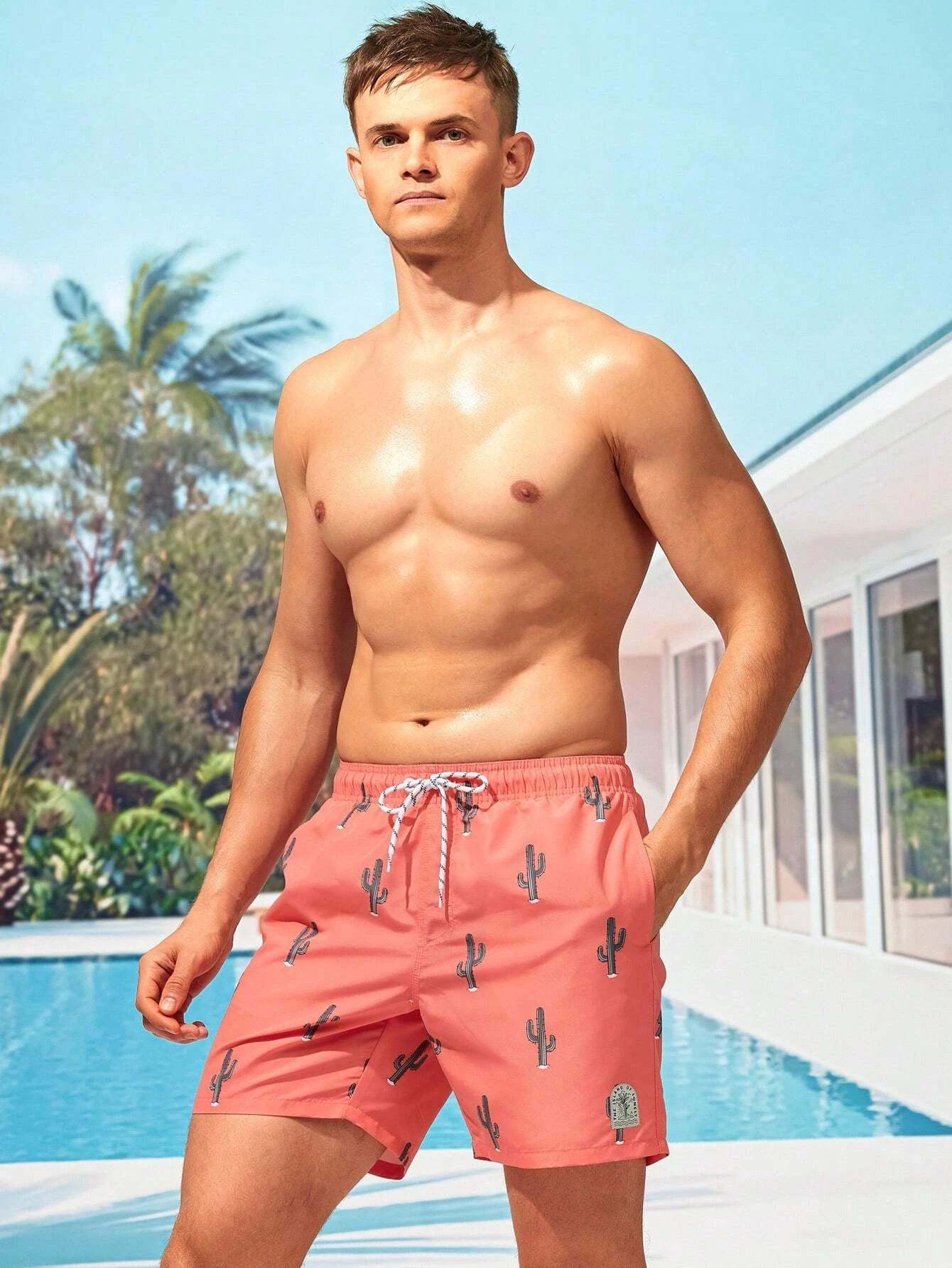 Cactus Printed Drawstring Waist Swim Trunks-Waves And Trunks