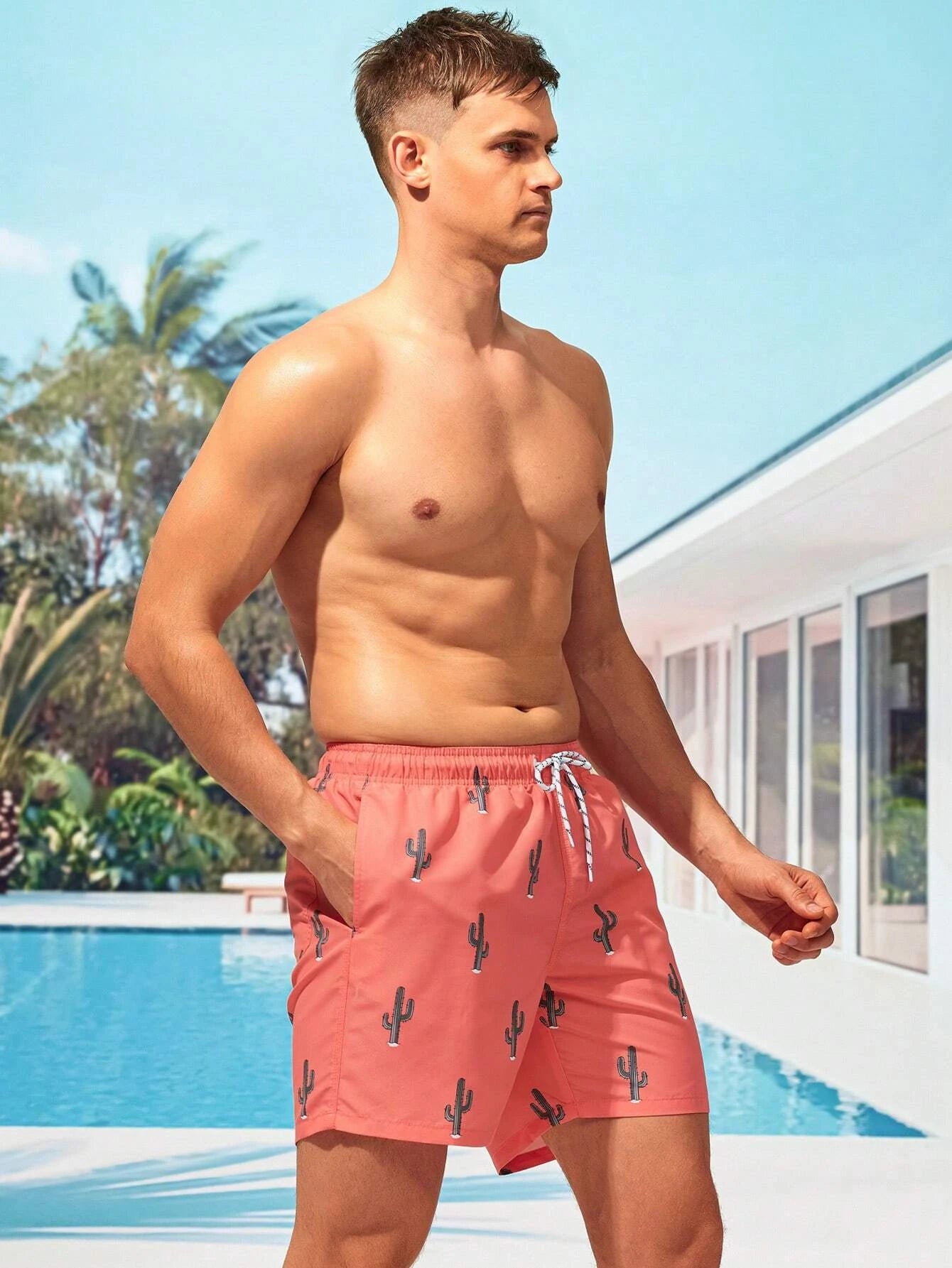 Cactus Print Letter Patch Swim Trunks-Waves And Trunks
