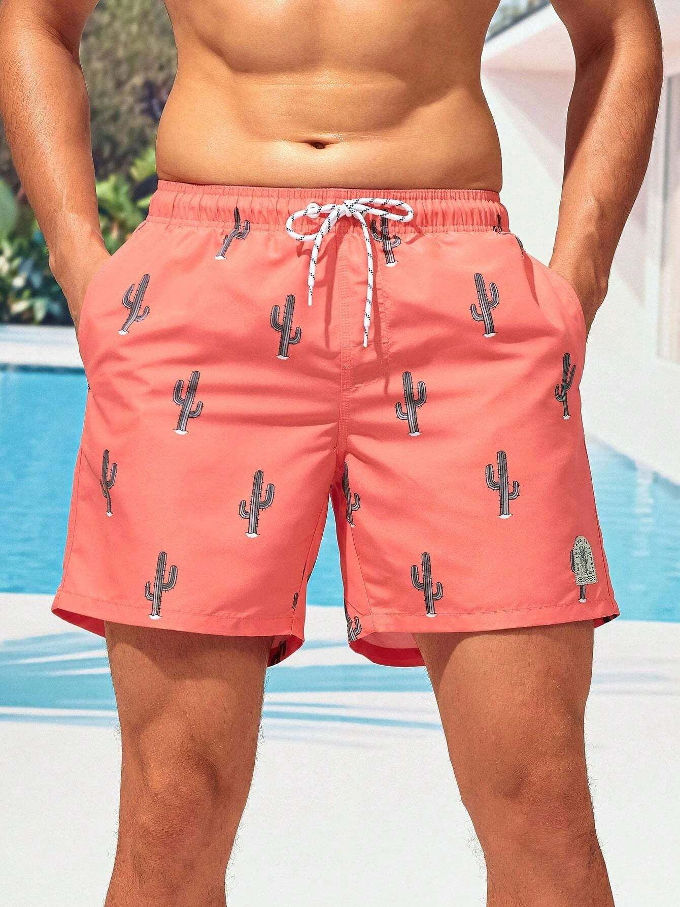 Cactus Printed Drawstring Waist Swim Trunks-Waves And Trunks