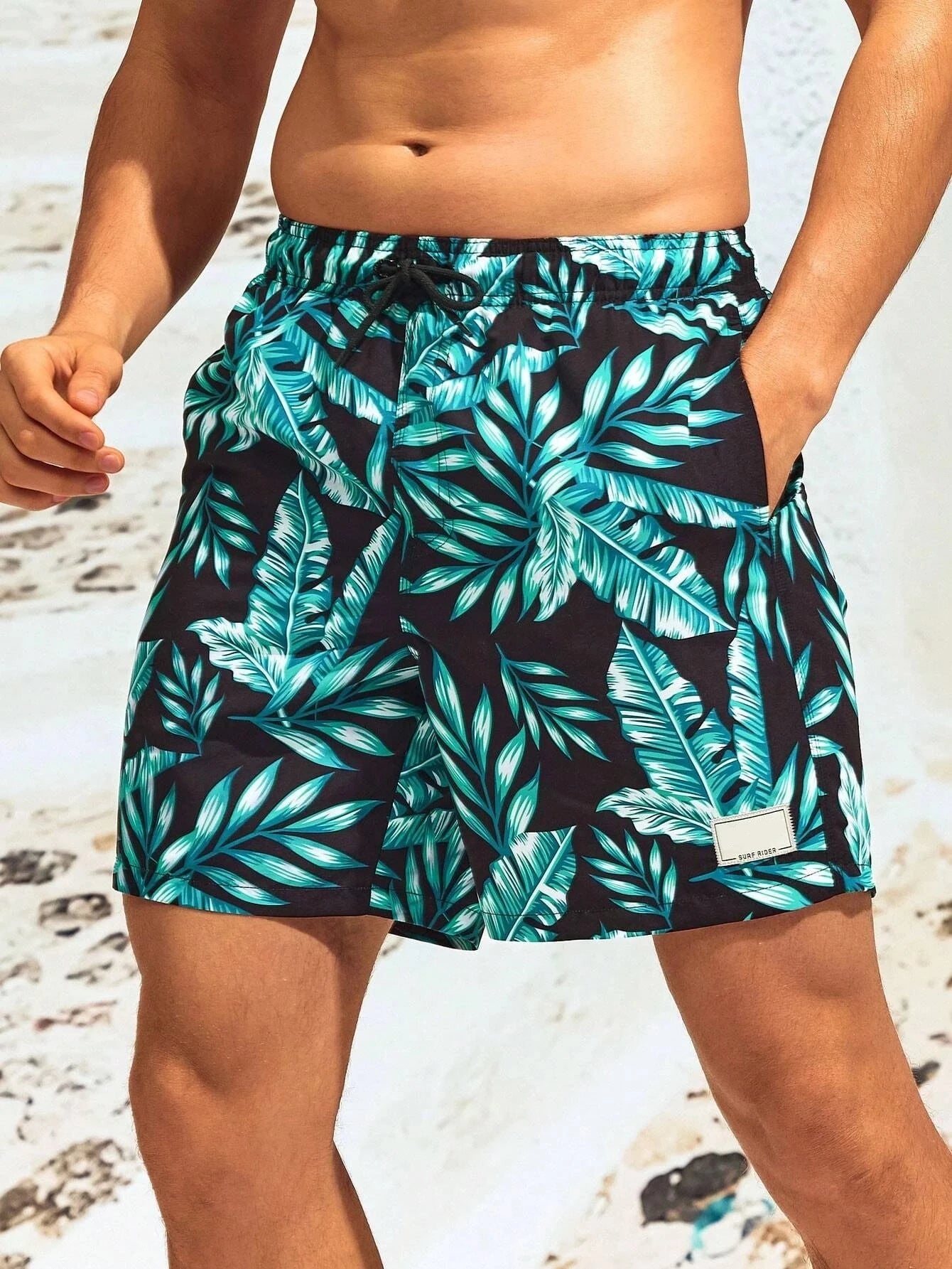 Tropical Print Drawstring Waist Swim Trunks With Pocket-Waves And Trunks