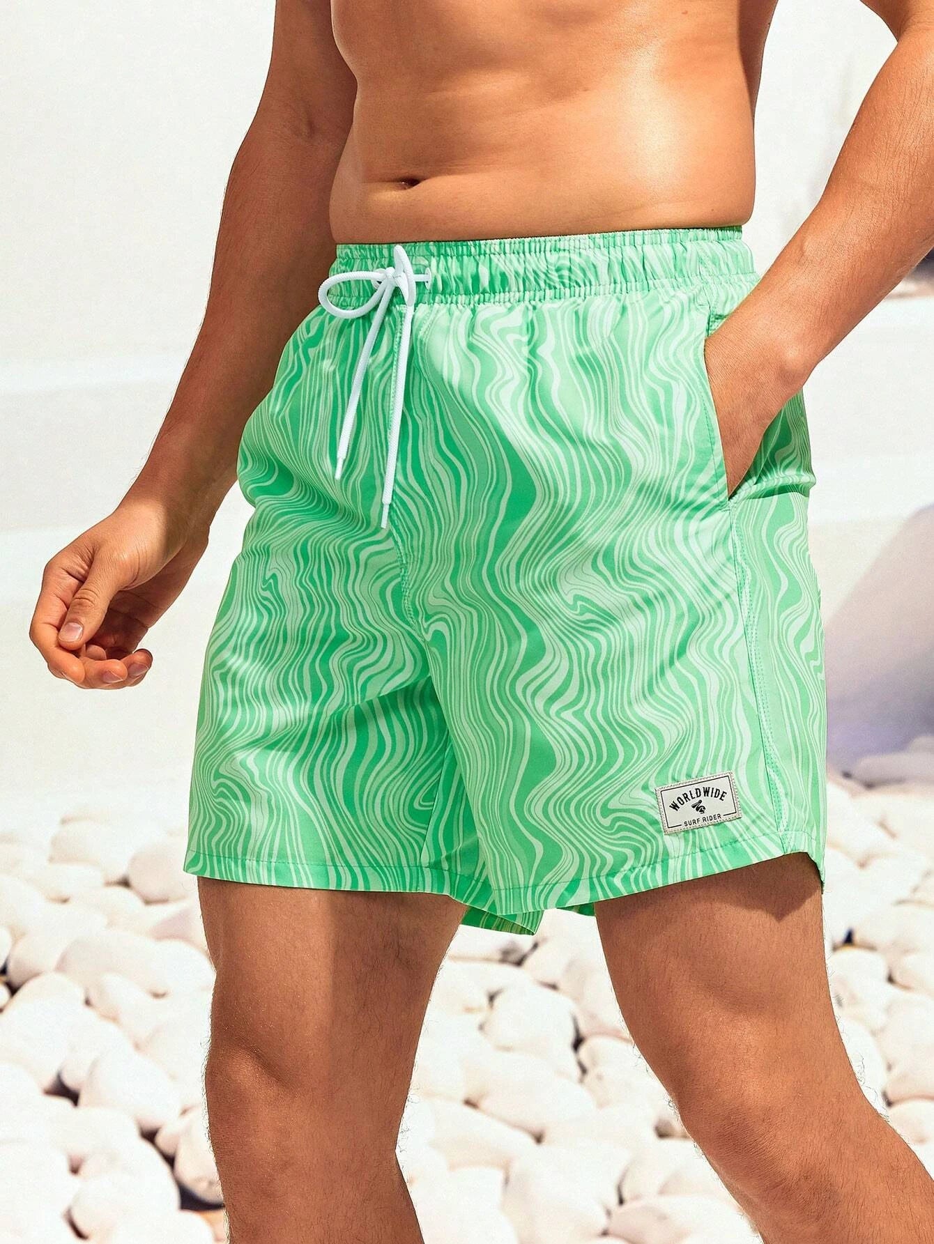Striped Patched Waist Swim Trunks-Waves And Trunks
