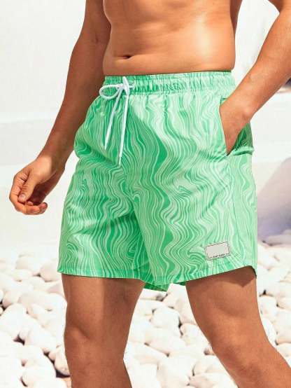 Wave Striped Patched Detail Swim Trunks-Waves And Trunks