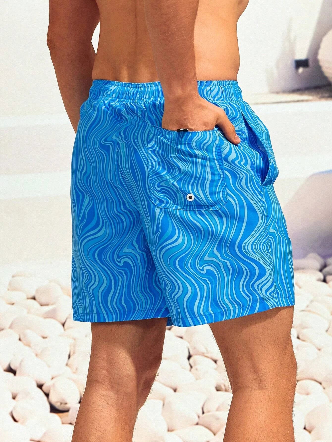 Striped Patched Waist Swim Trunks-Waves And Trunks