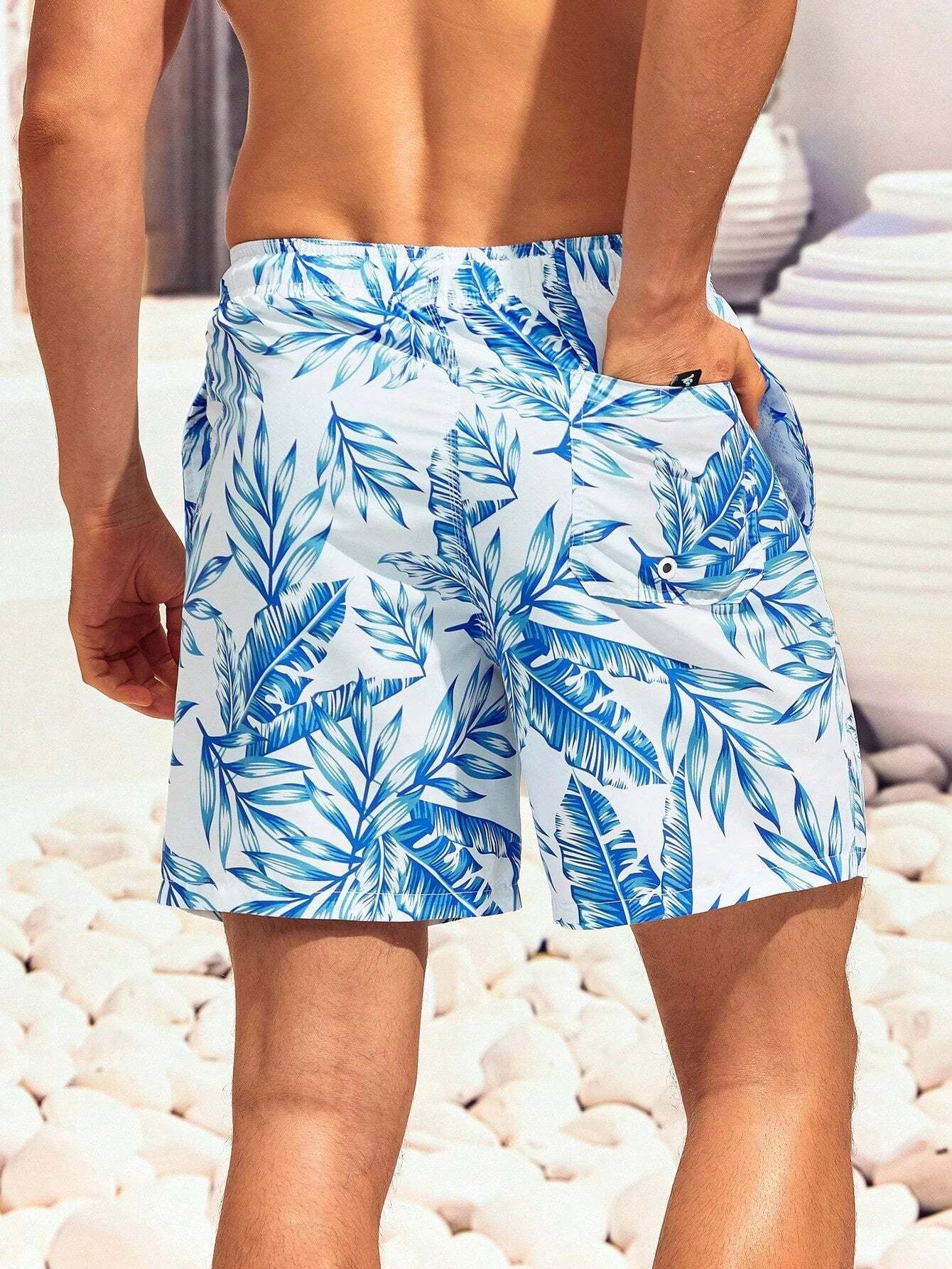 Tropical Print Drawstring Waist Swim Trunks With Pocket-Waves And Trunks