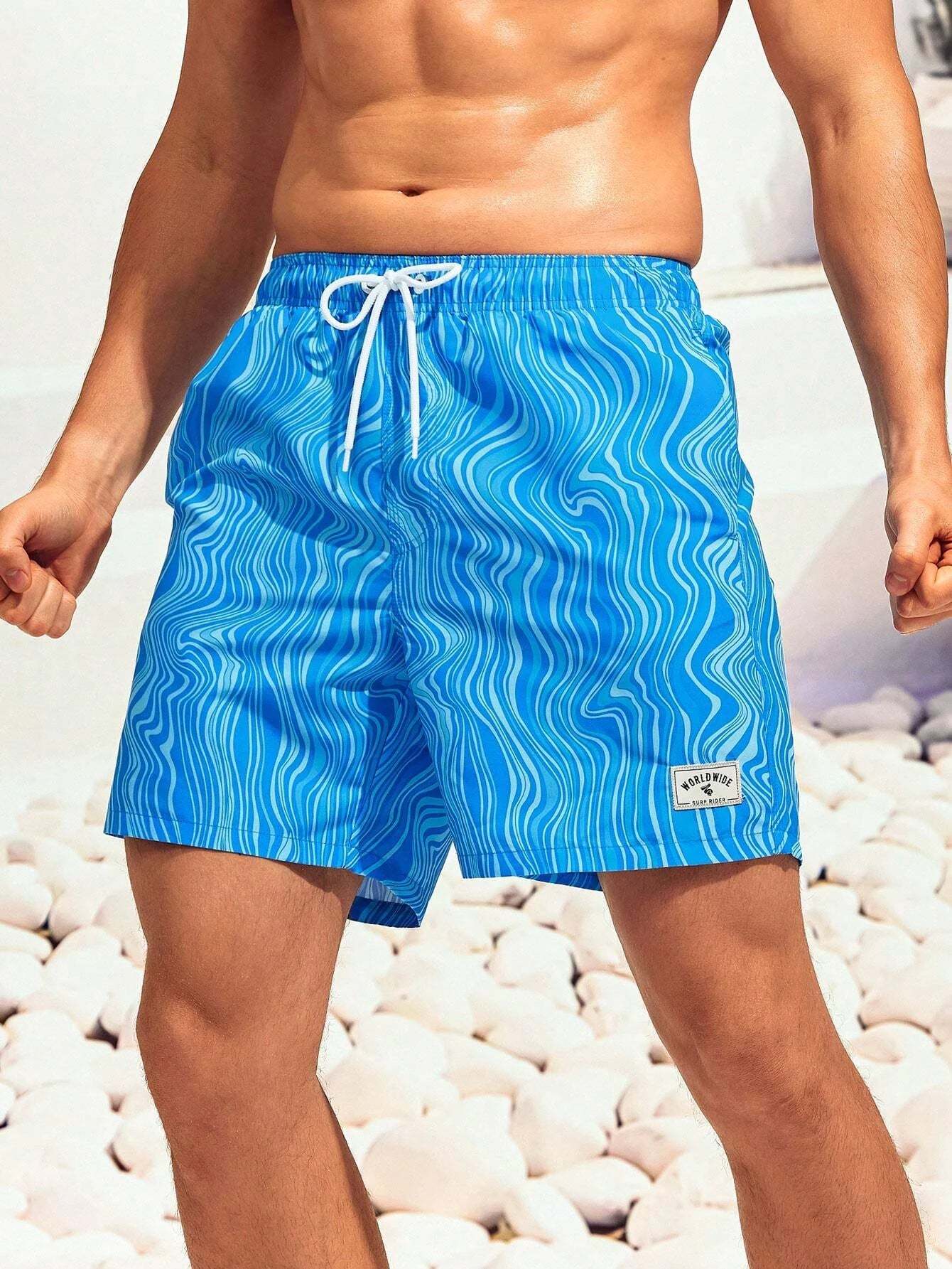 Striped Patched Waist Swim Trunks-Waves And Trunks