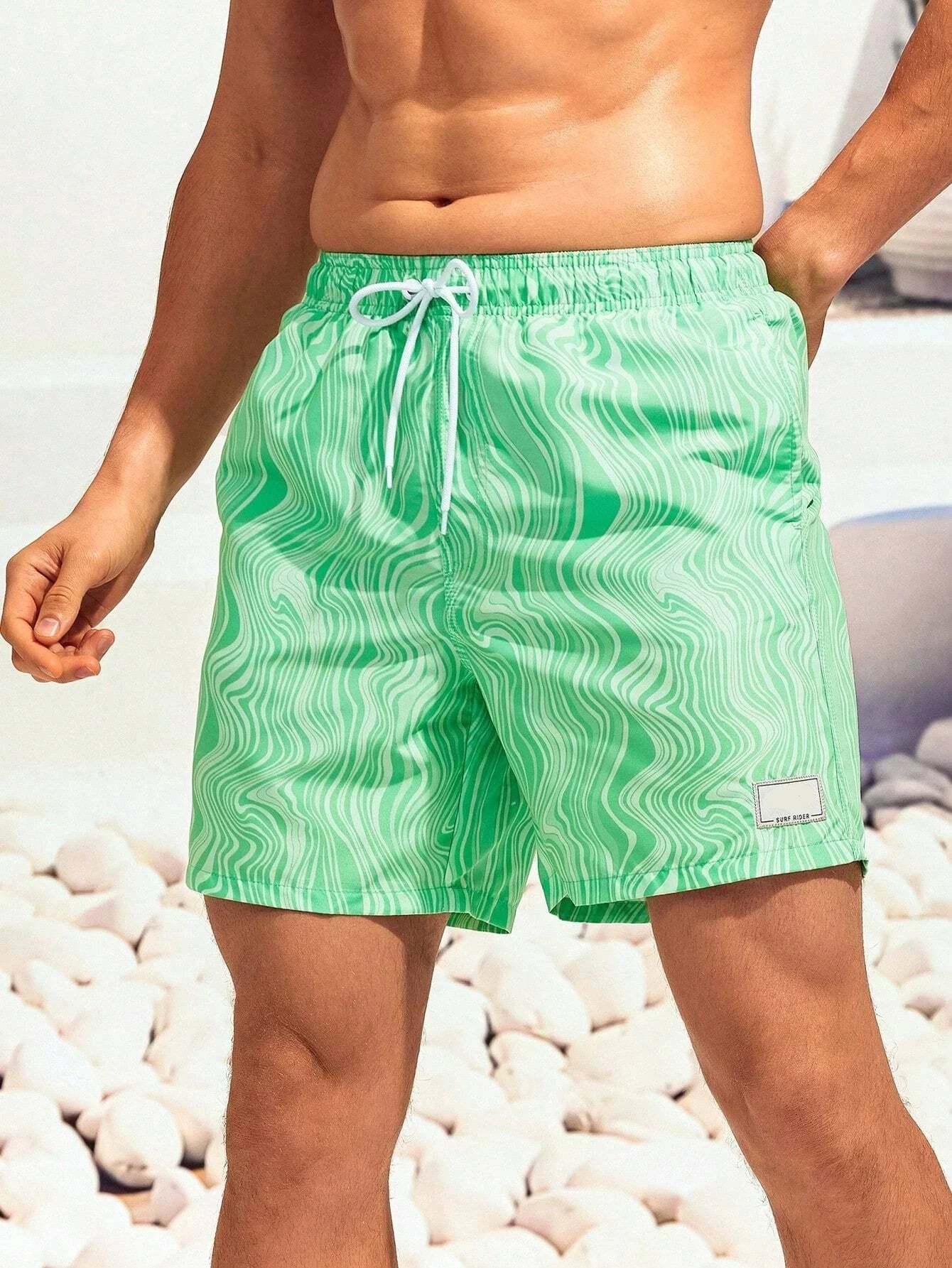 Wave Striped Patched Detail Swim Trunks-Waves And Trunks