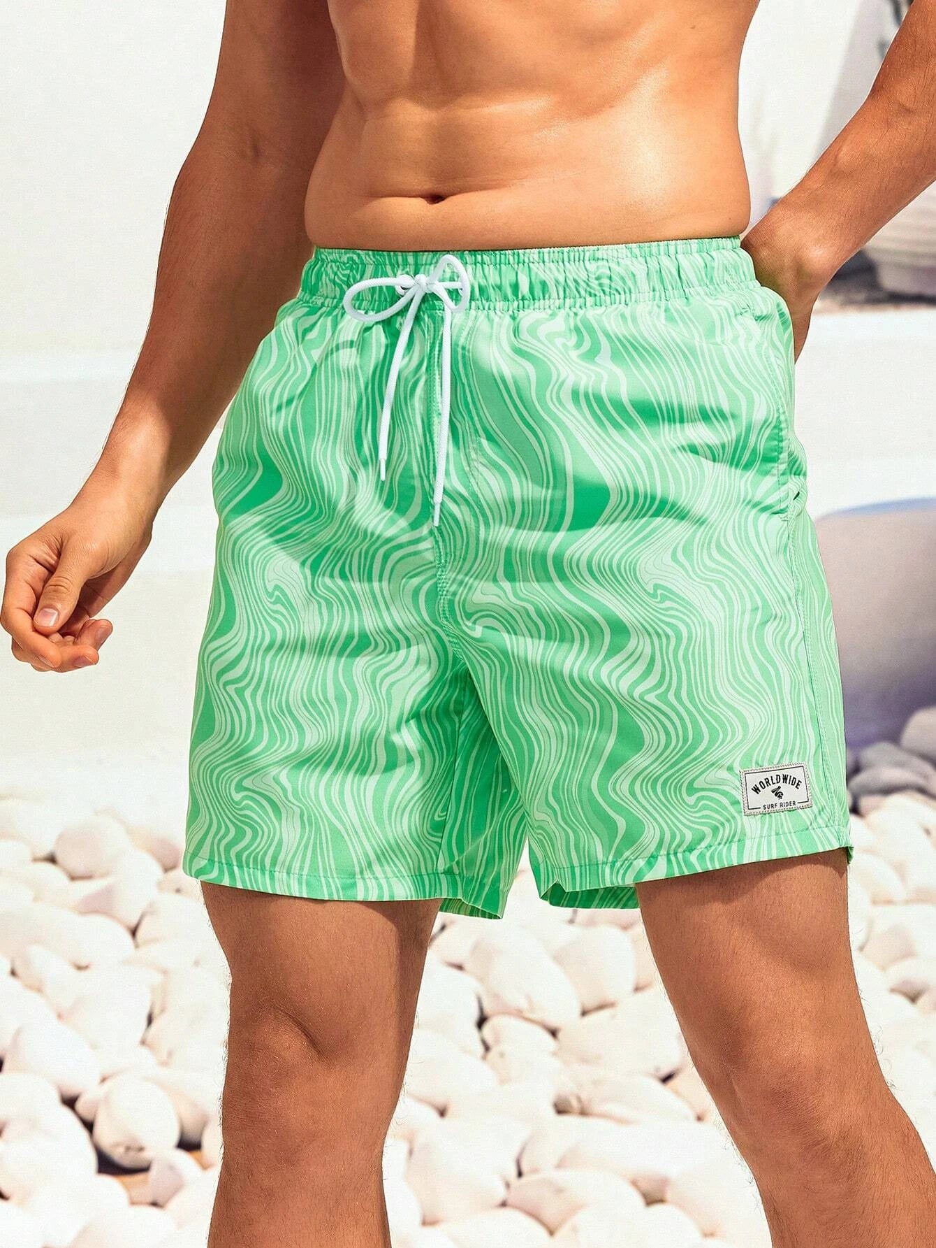 Striped Patched Waist Swim Trunks-Waves And Trunks