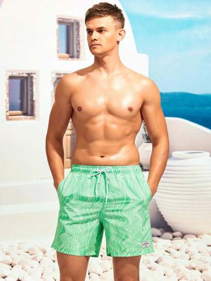 Wave Striped Patched Detail Swim Trunks-Waves And Trunks