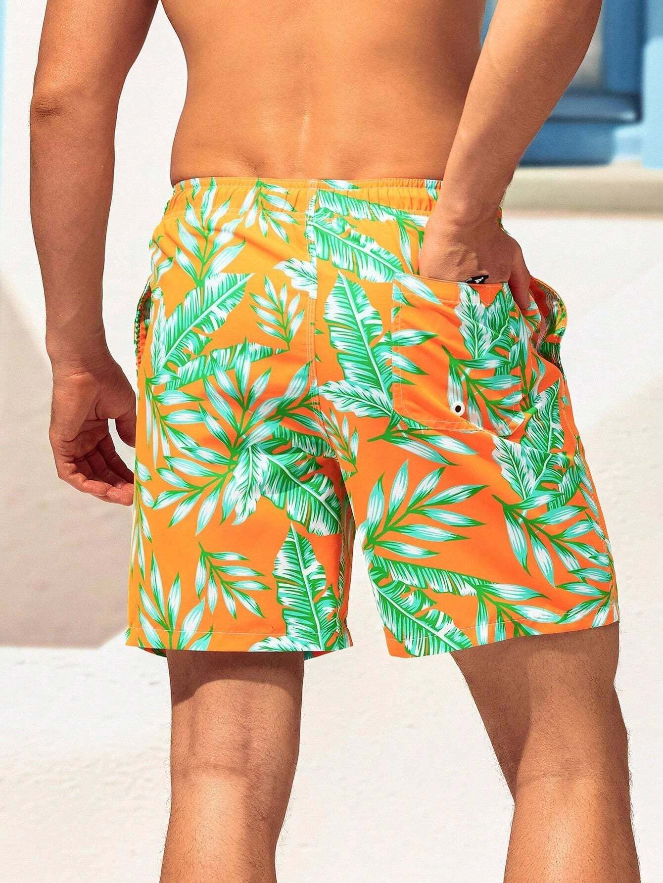 Tropical Print Drawstring Waist Swim Trunks With Pocket-Waves And Trunks