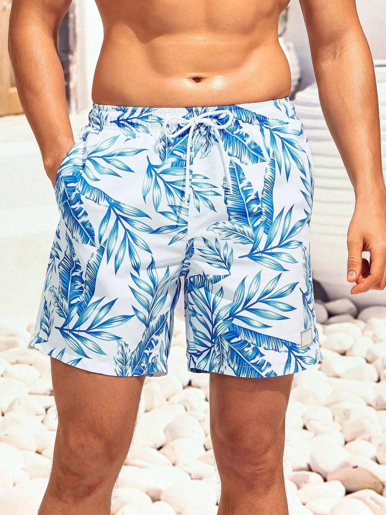 Tropical Print Drawstring Waist Swim Trunks With Pocket-Waves And Trunks