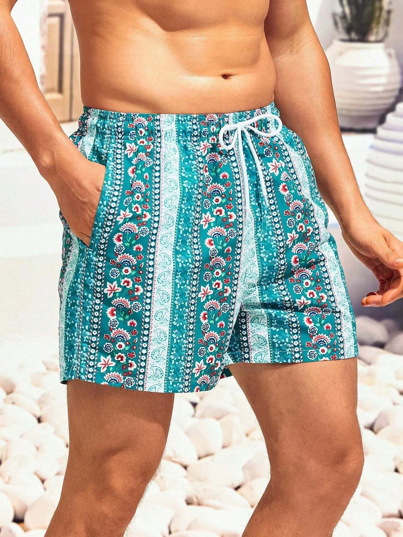 Floral Striped Print Swim Trunks-Waves And Trunks