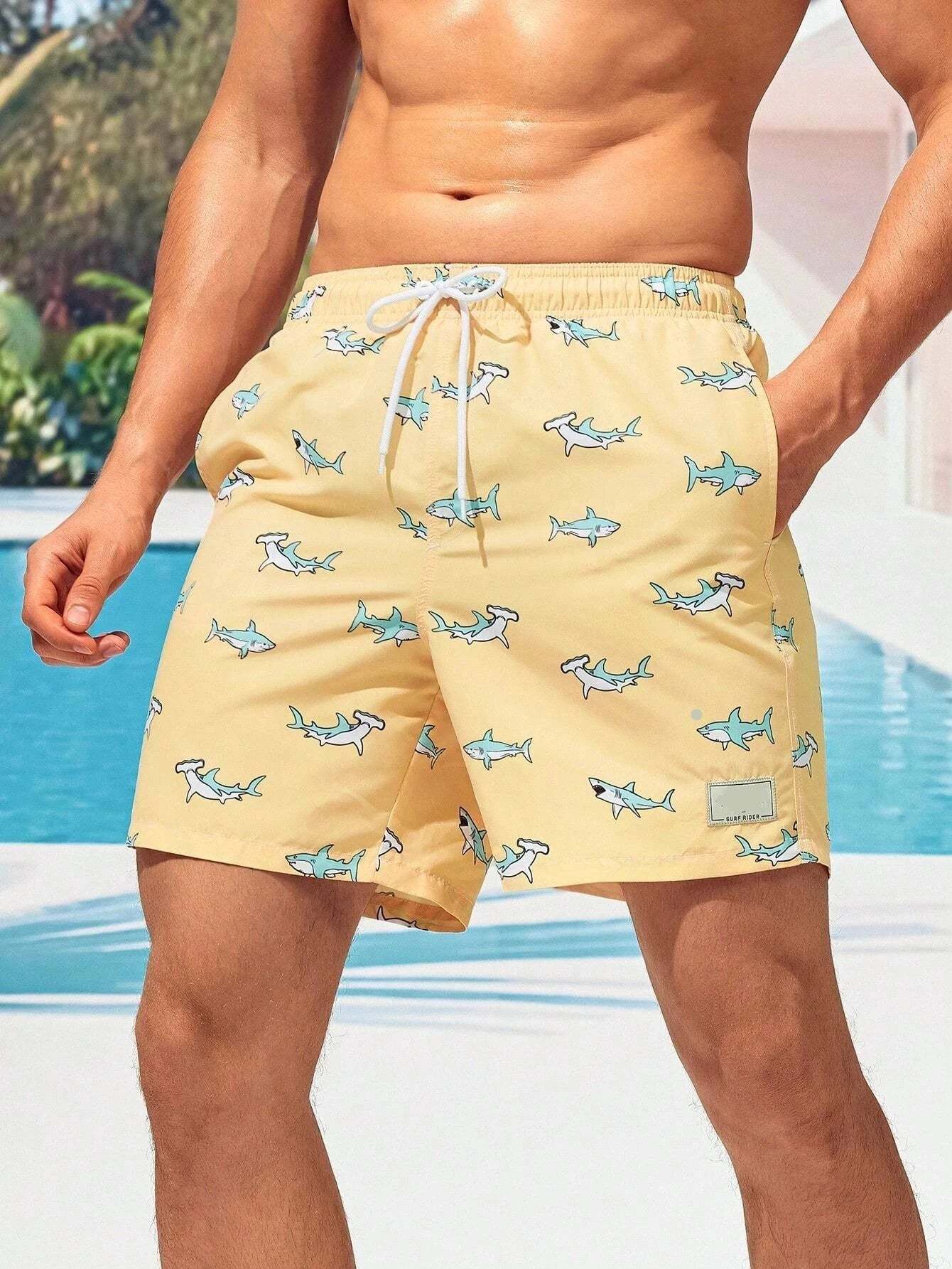 Shark Print Drawstring Waist Swim Trunks With Pocket-Waves And Trunks
