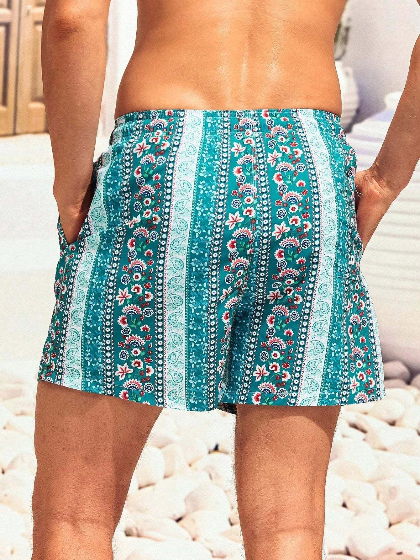 Floral Striped Print Swim Trunks-Waves And Trunks