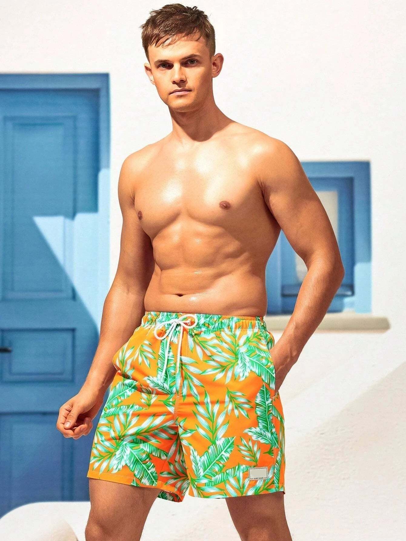 Tropical Print Drawstring Waist Swim Trunks With Pocket-Waves And Trunks