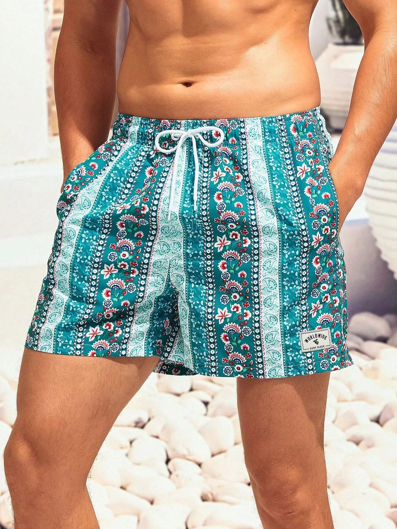 Floral Striped Print Swim Trunks-Waves And Trunks