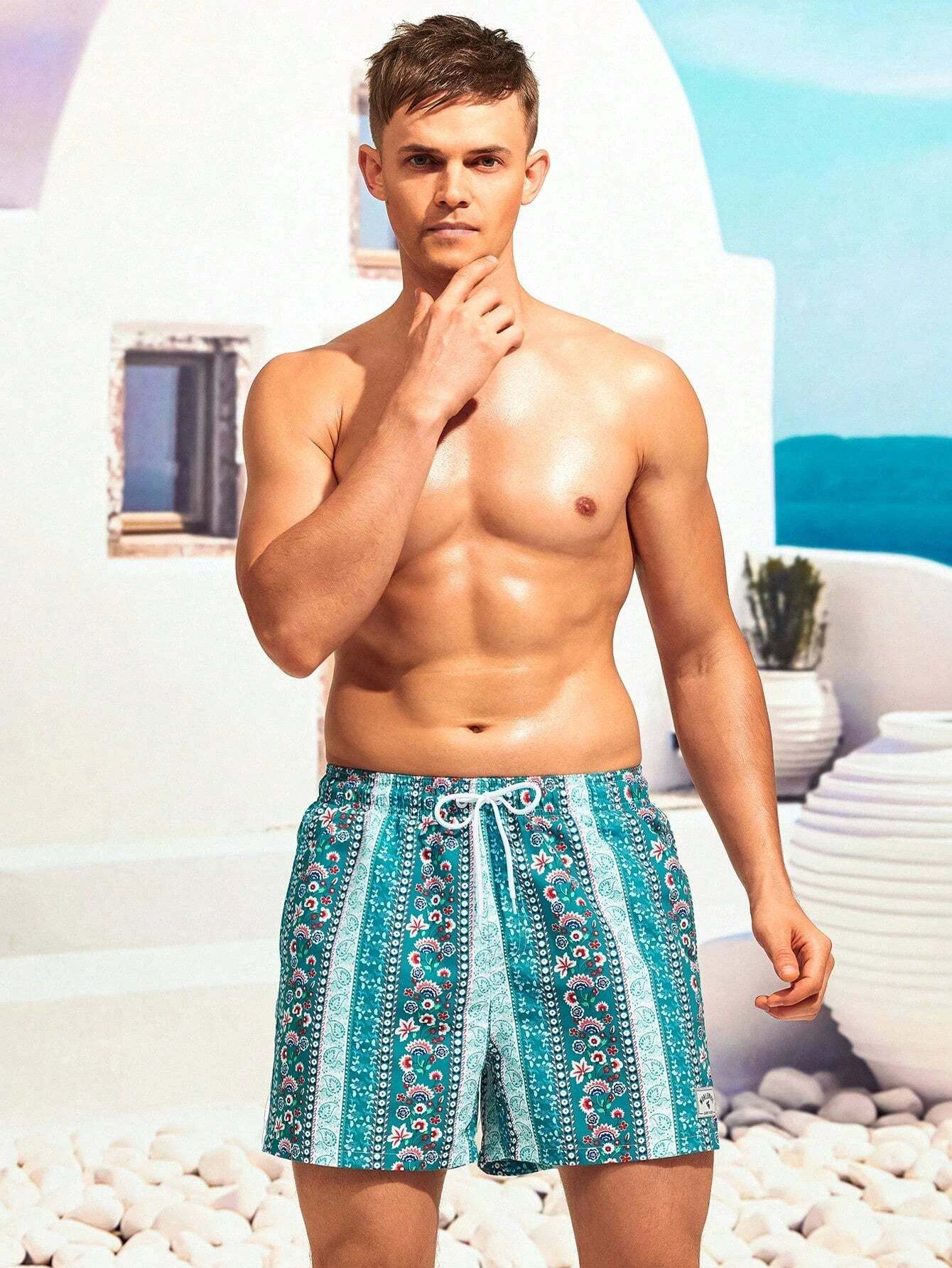 Floral Striped Print Swim Trunks-Waves And Trunks