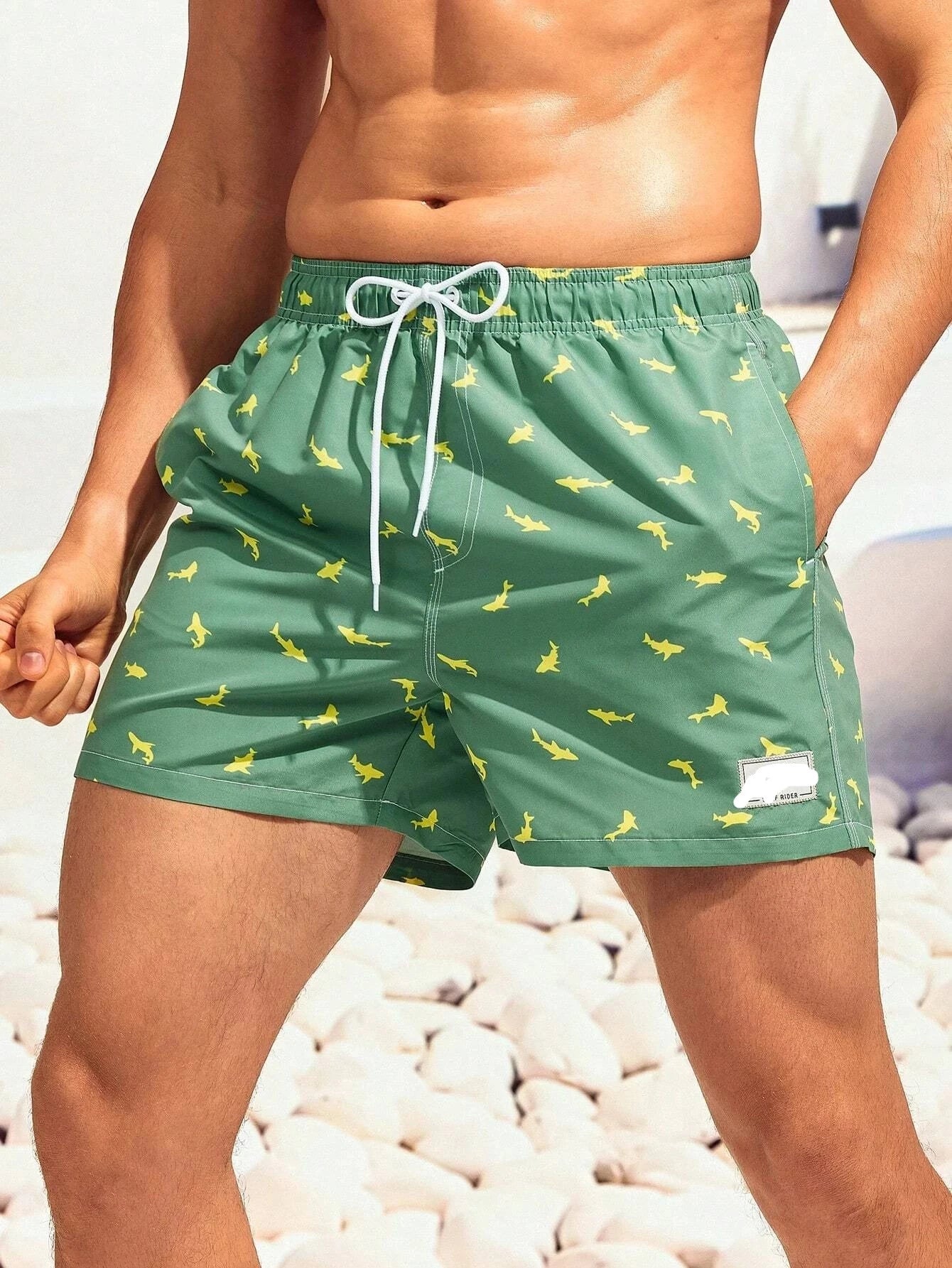 Non Stretch Allover Print Drawstring Waist Swim Trunks-Waves And Trunks