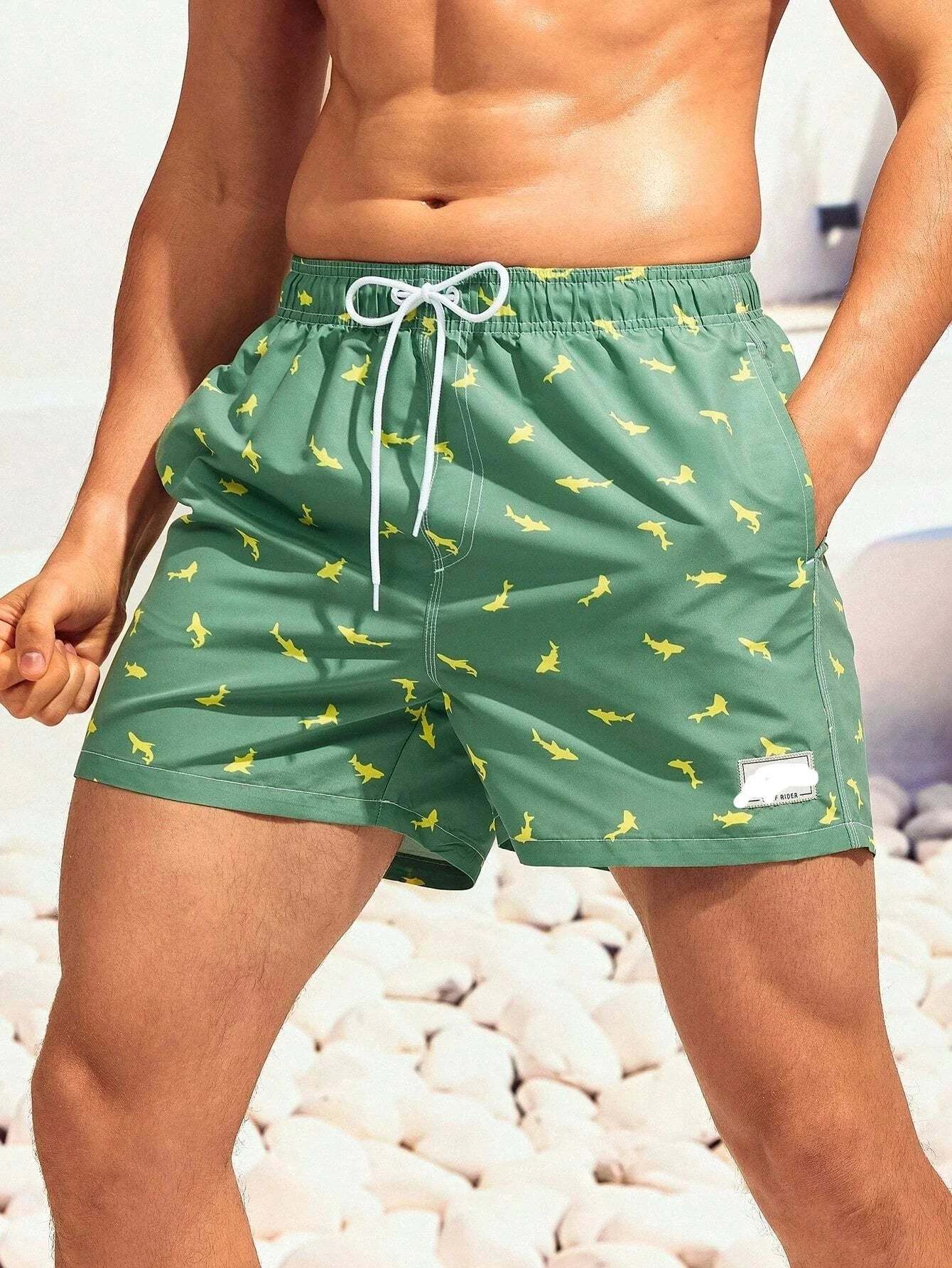 Non Stretch Allover Print Drawstring Waist Swim Trunks-Waves And Trunks