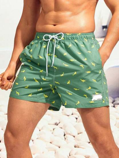 Non Stretch Allover Print Drawstring Waist Swim Trunks-Waves And Trunks