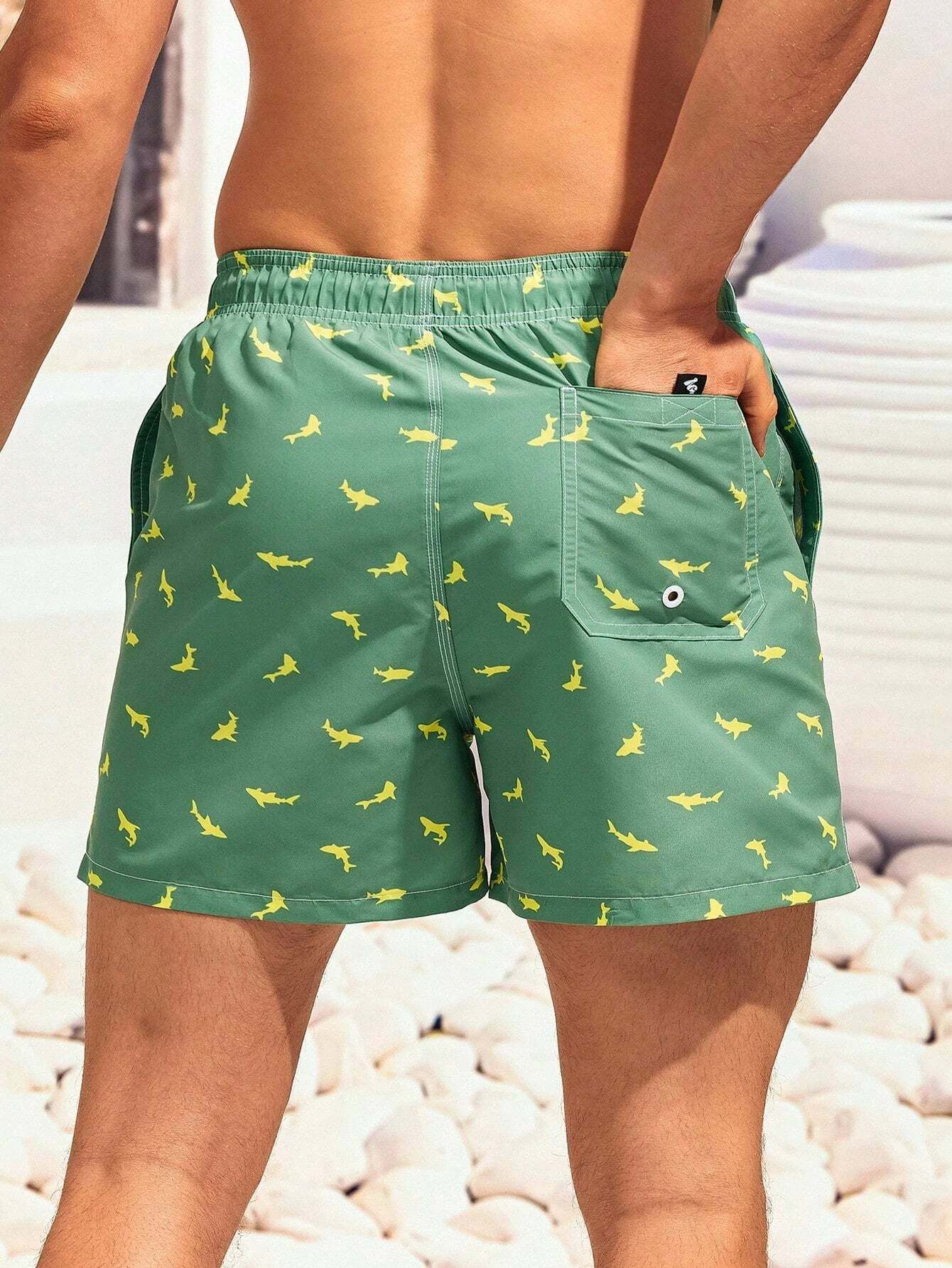 Non Stretch Allover Print Drawstring Waist Swim Trunks-Waves And Trunks