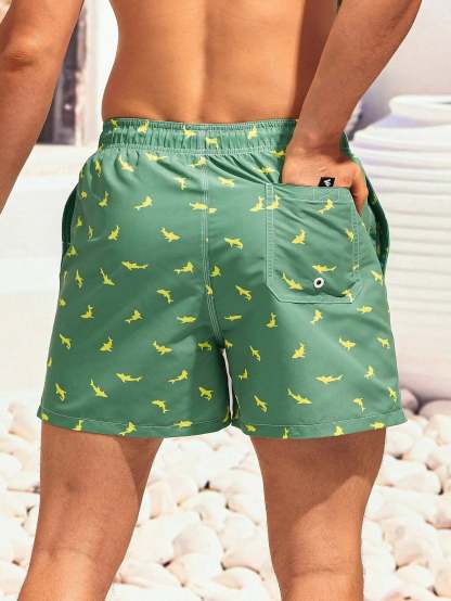 Non Stretch Allover Print Drawstring Waist Swim Trunks-Waves And Trunks