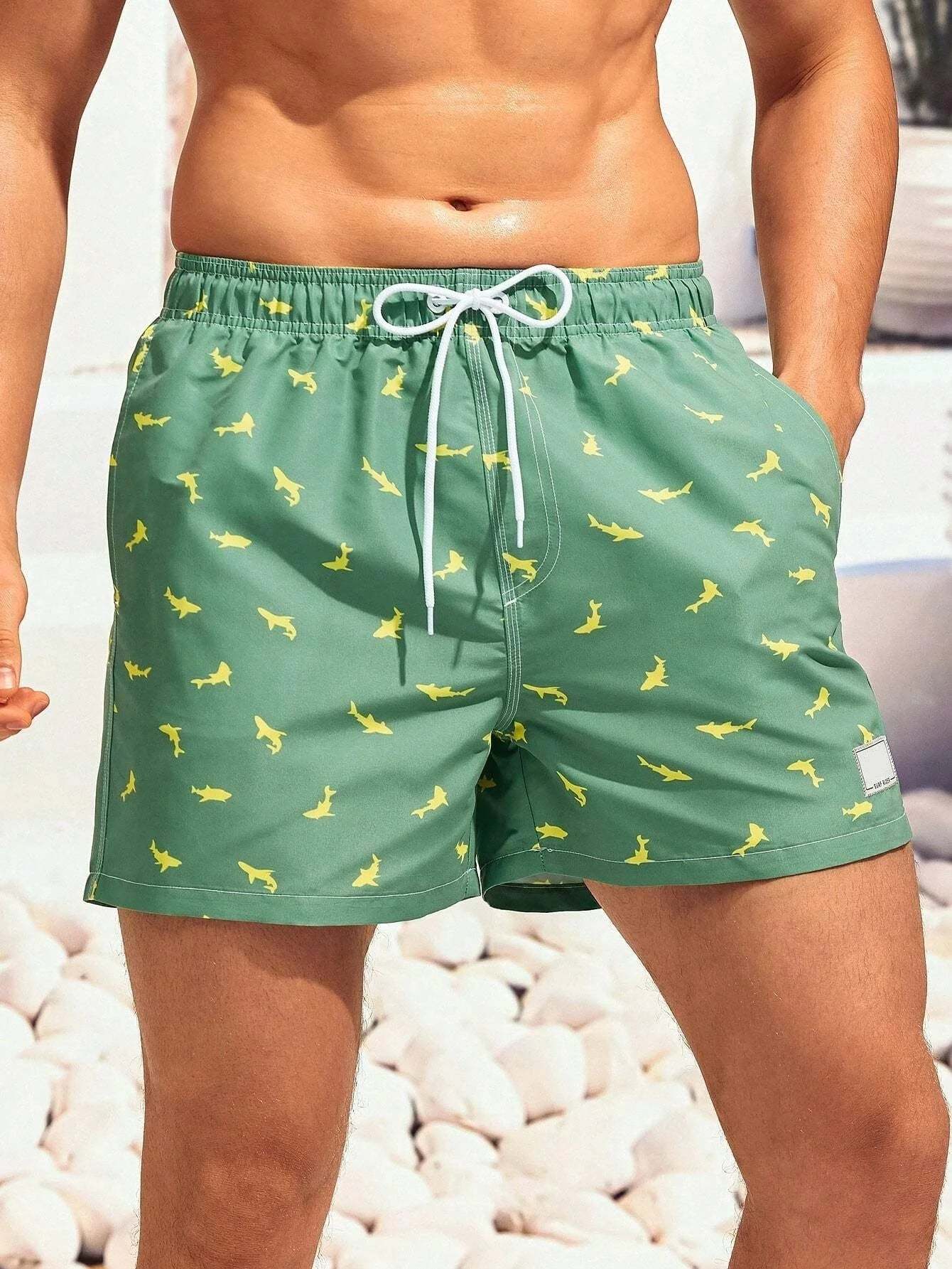 Non Stretch Allover Print Drawstring Waist Swim Trunks-Waves And Trunks