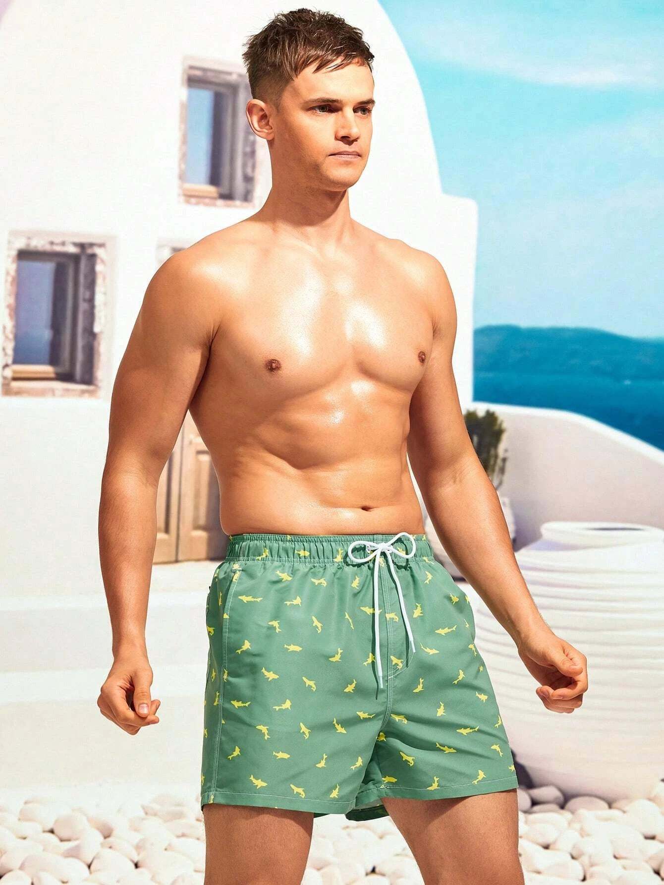 Non Stretch Allover Print Drawstring Waist Swim Trunks-Waves And Trunks