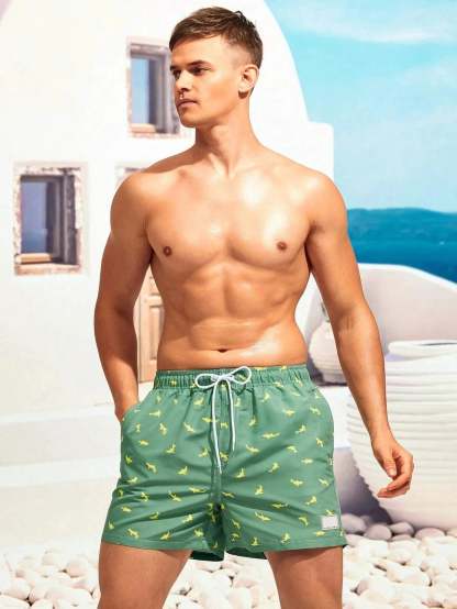 Non Stretch Allover Print Drawstring Waist Swim Trunks-Waves And Trunks