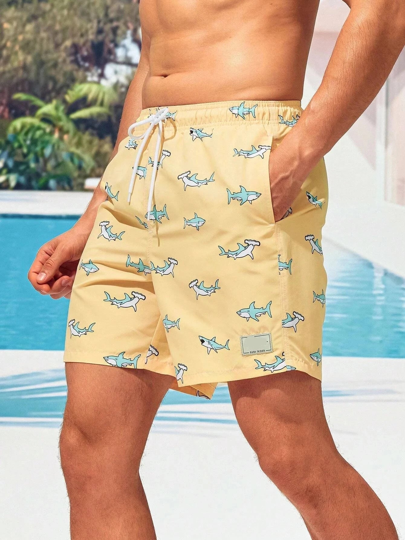 Shark Print Drawstring Waist Swim Trunks With Pocket-Waves And Trunks