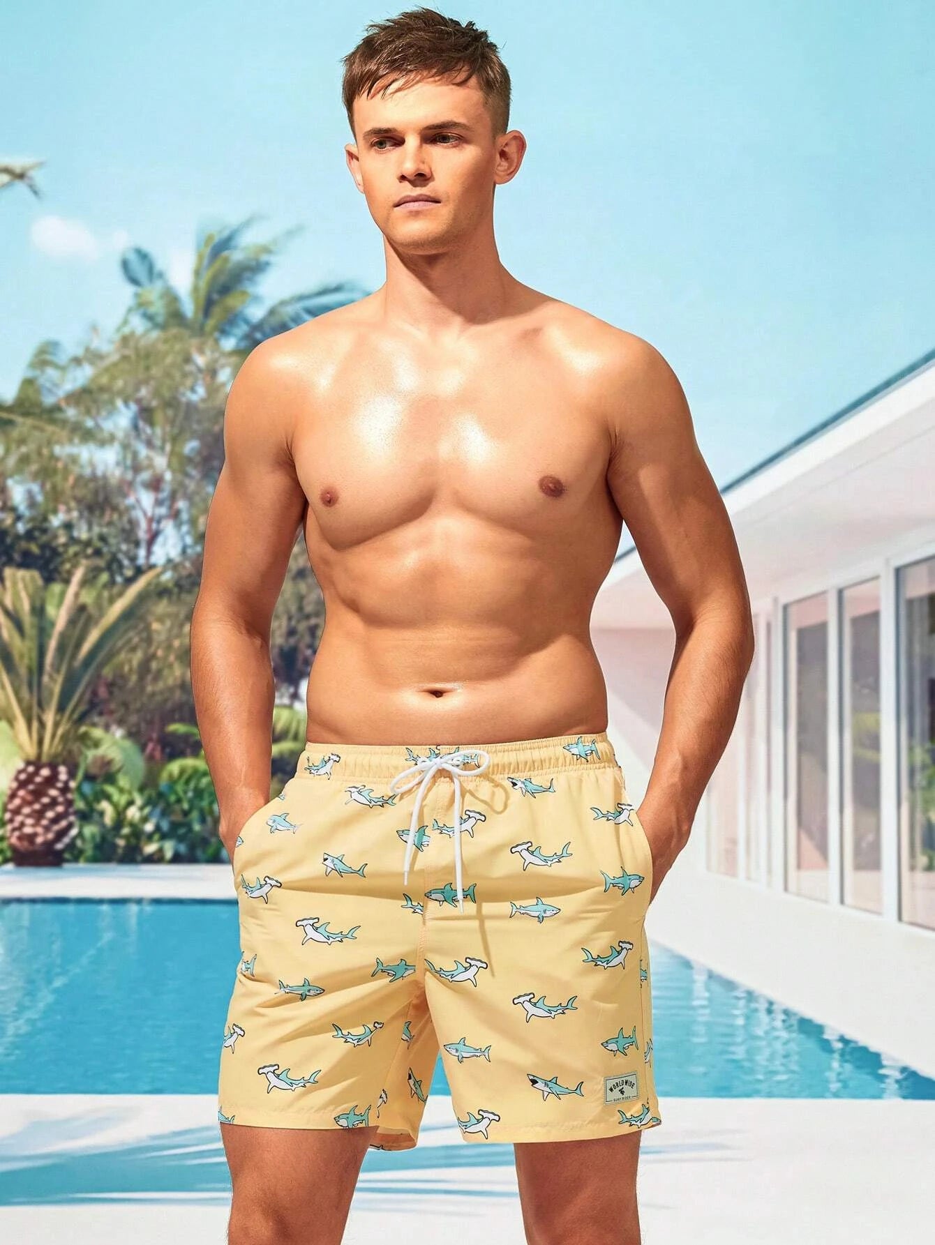 Shark Print Drawstring Waist Swim Shorts-Waves And Trunks