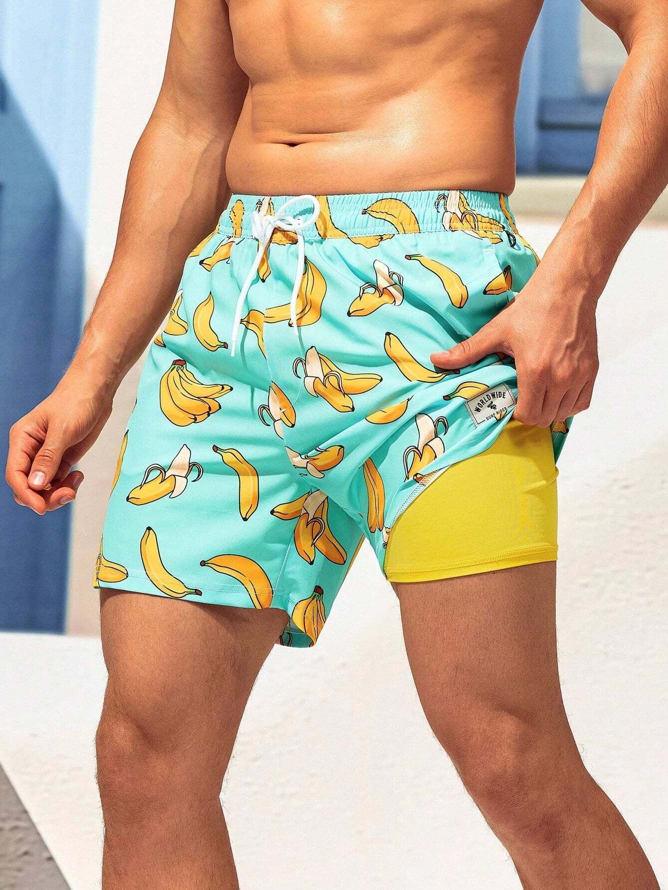Drawstring Waist Banana Print Swim Trunks-Waves And Trunks