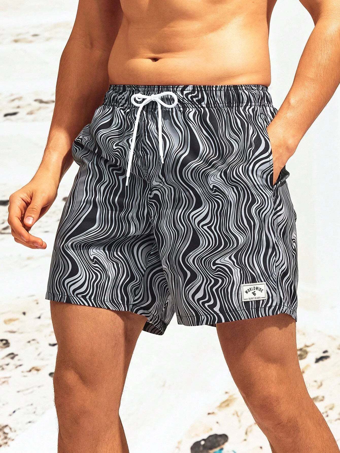 Striped Patched Waist Swim Trunks-Waves And Trunks