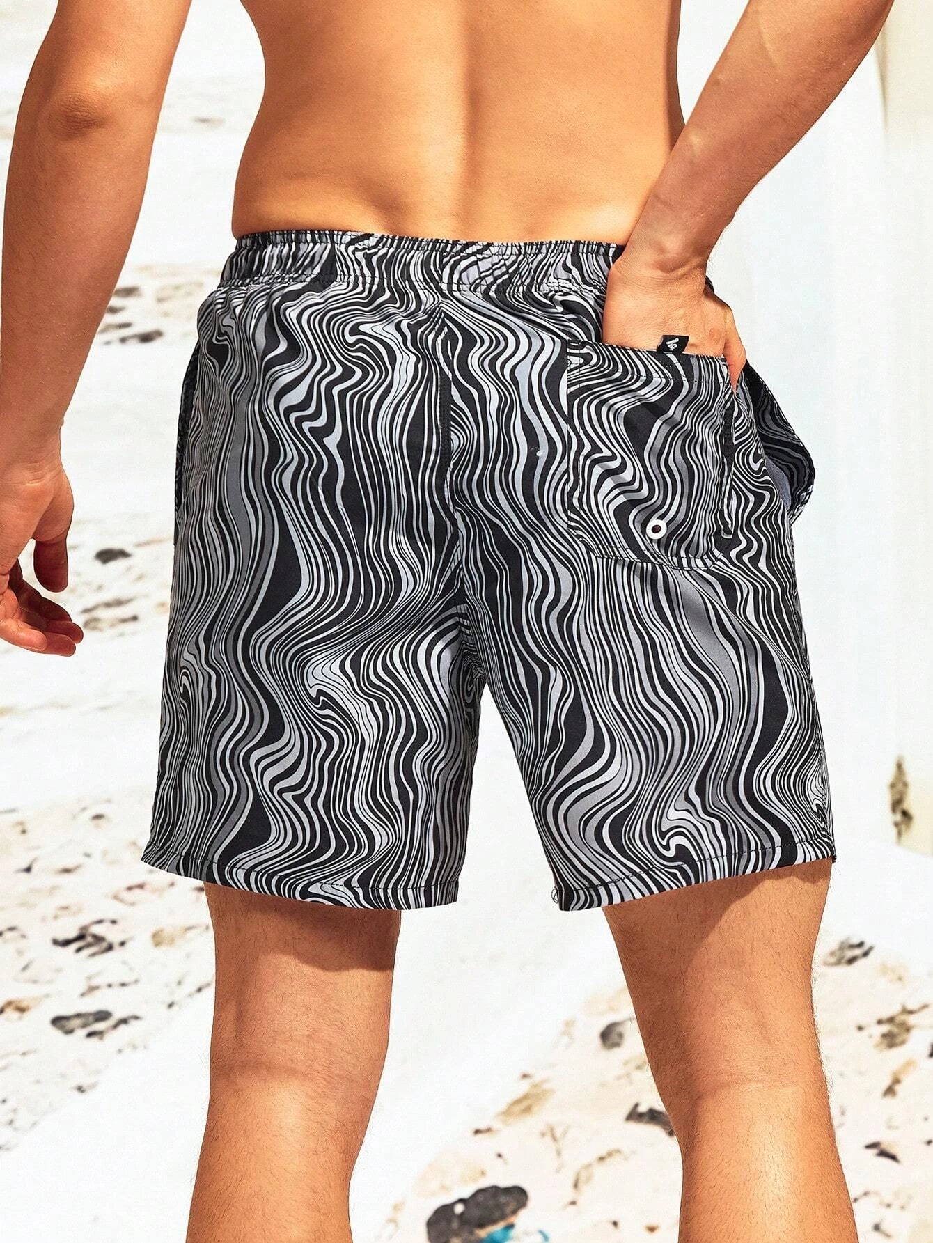 Striped Patched Waist Swim Trunks-Waves And Trunks