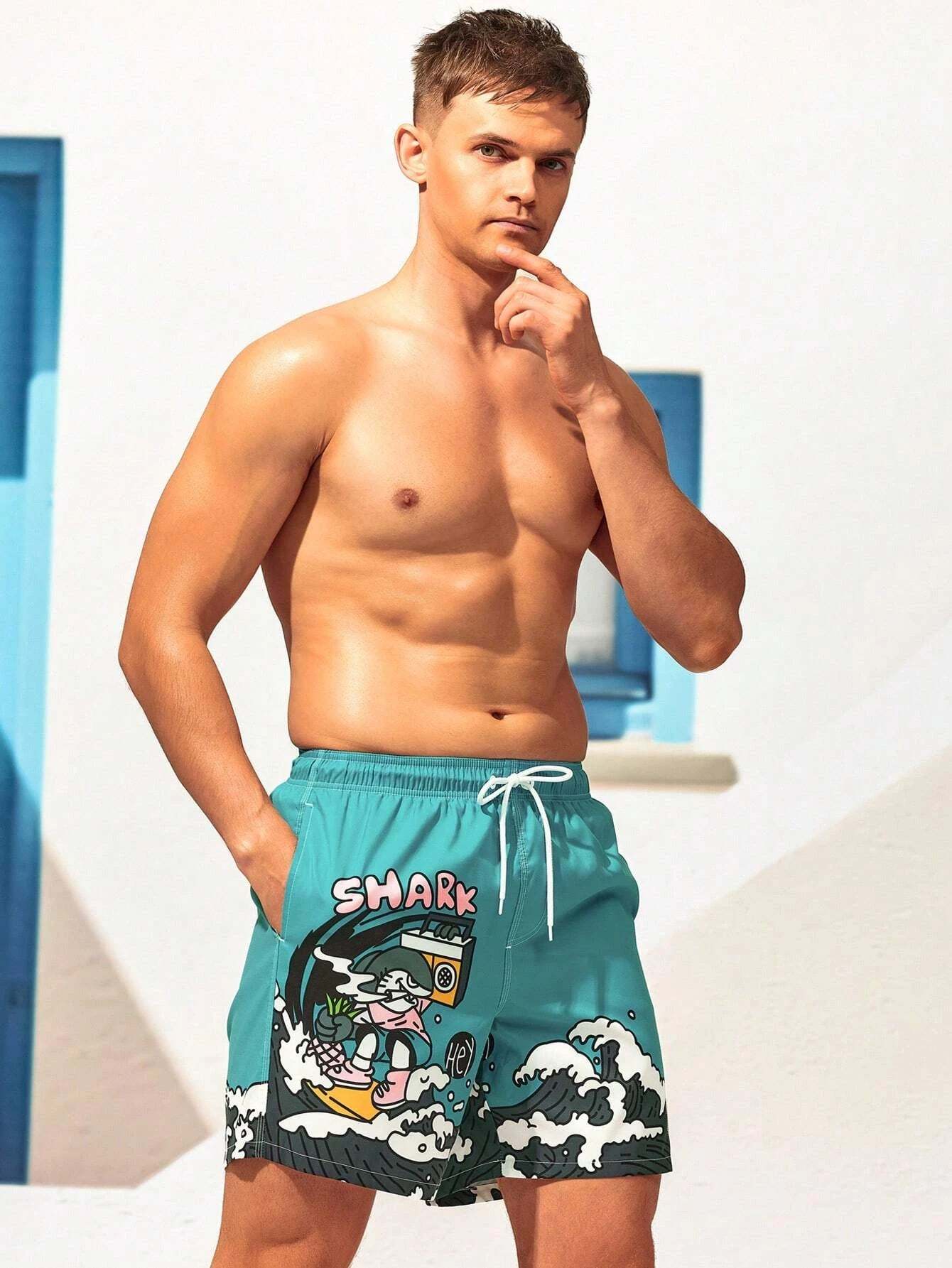 Cartoon And Letter Swim Shorts-Waves And Trunks