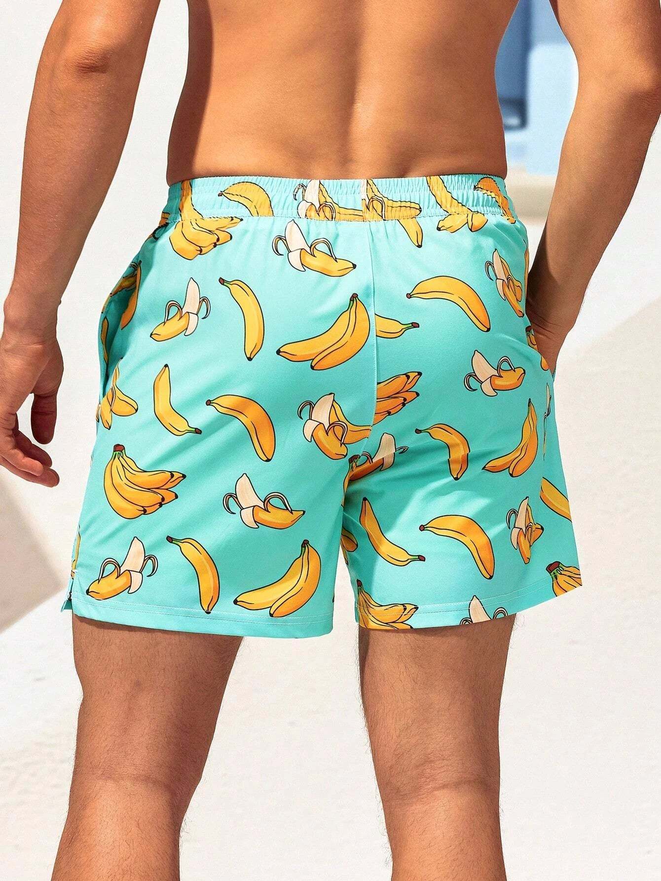 Drawstring Waist Banana Print Swim Trunks-Waves And Trunks