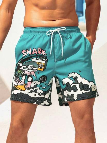 Cartoon And Letter Swim Shorts-Waves And Trunks