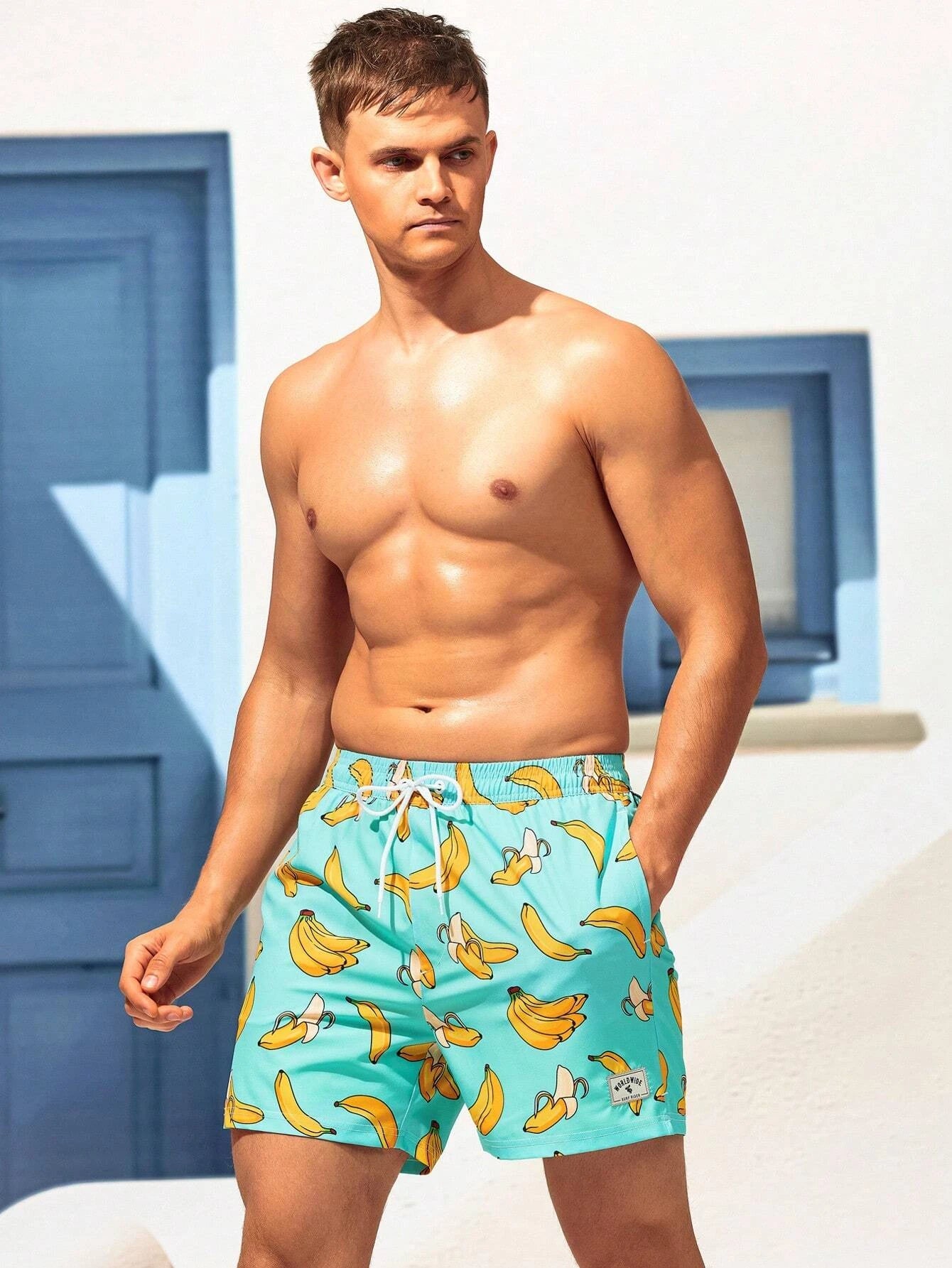 Drawstring Waist Banana Print Swim Trunks-Waves And Trunks