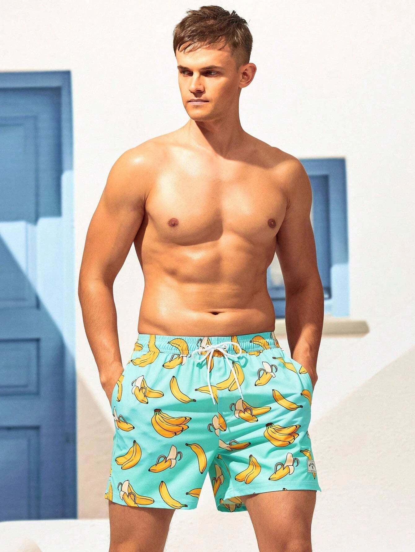 Drawstring Waist Banana Print Swim Trunks-Waves And Trunks