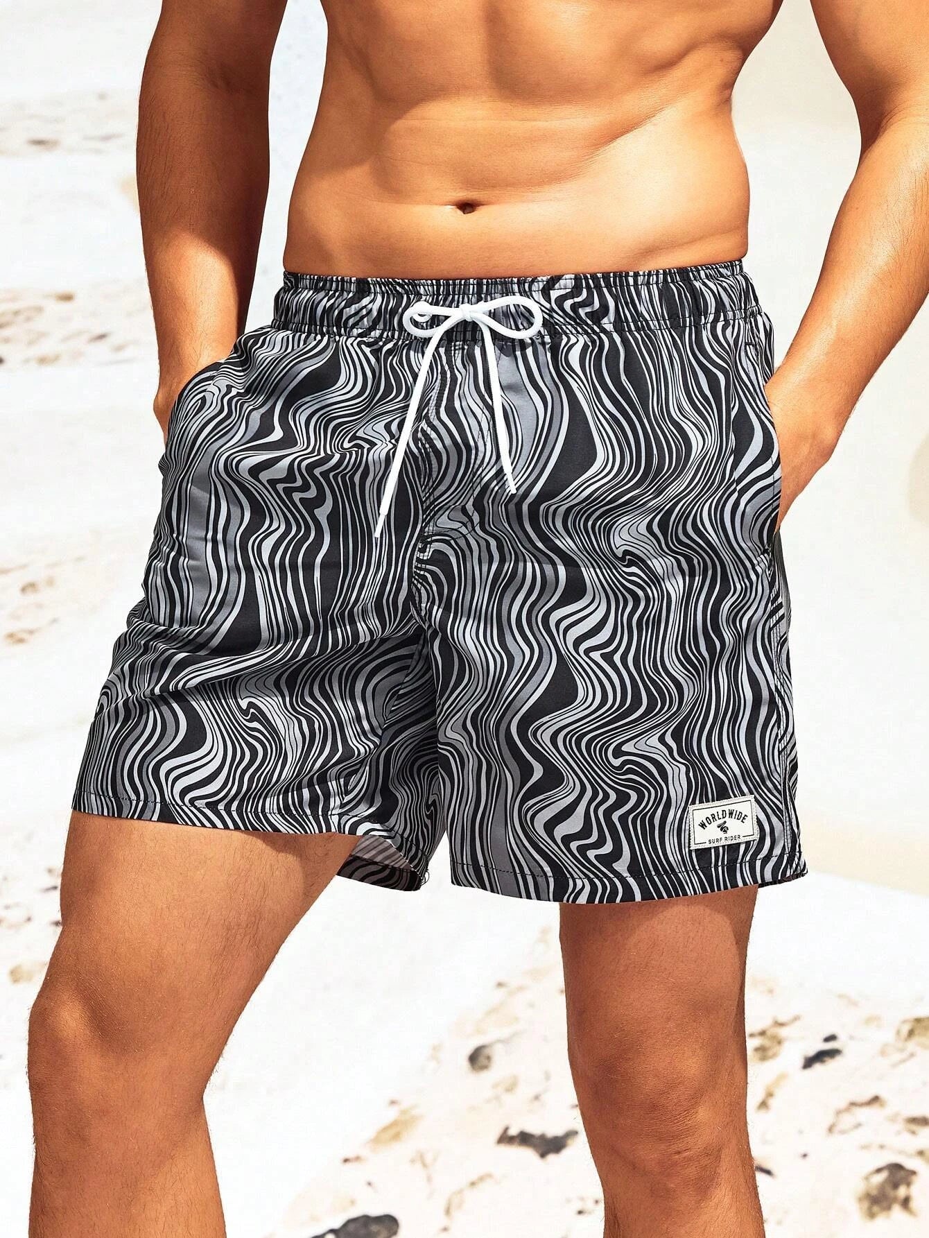 Striped Patched Waist Swim Trunks-Waves And Trunks
