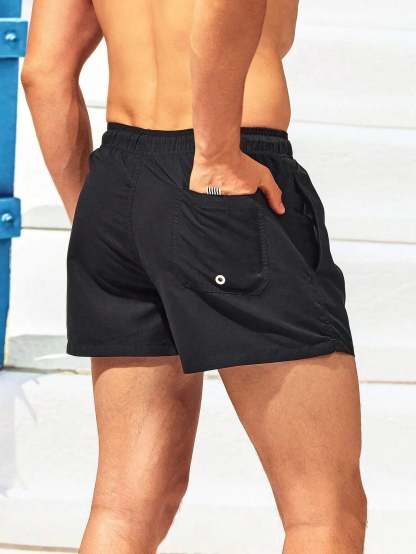 Classic Plain Waist Swim Trunks With Pocket-Waves And Trunks
