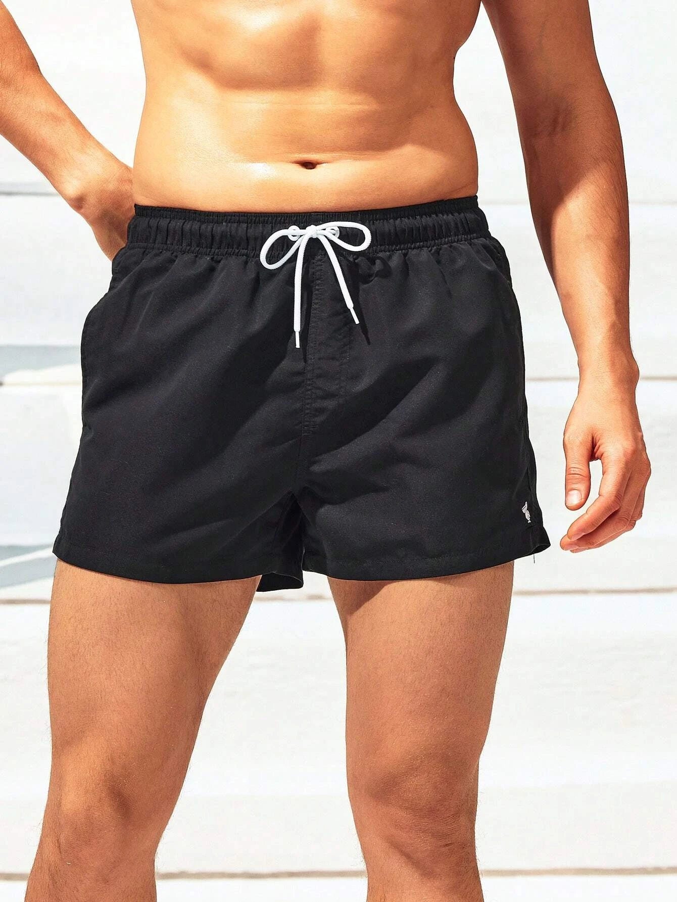 Classic Plain Waist Swim Trunks With Pocket-Waves And Trunks