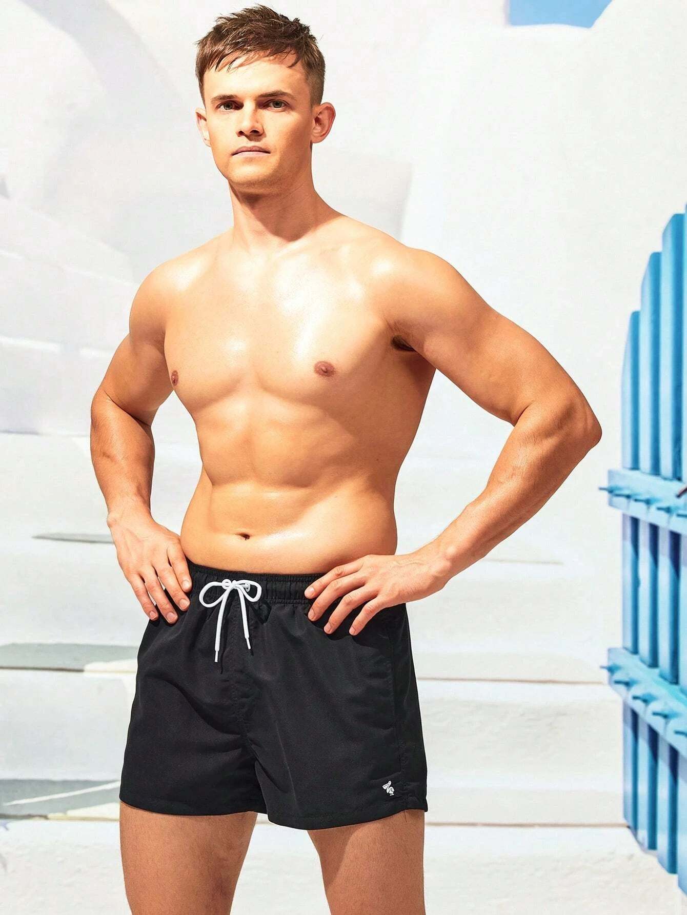 Classic Plain Waist Swim Trunks With Pocket-Waves And Trunks