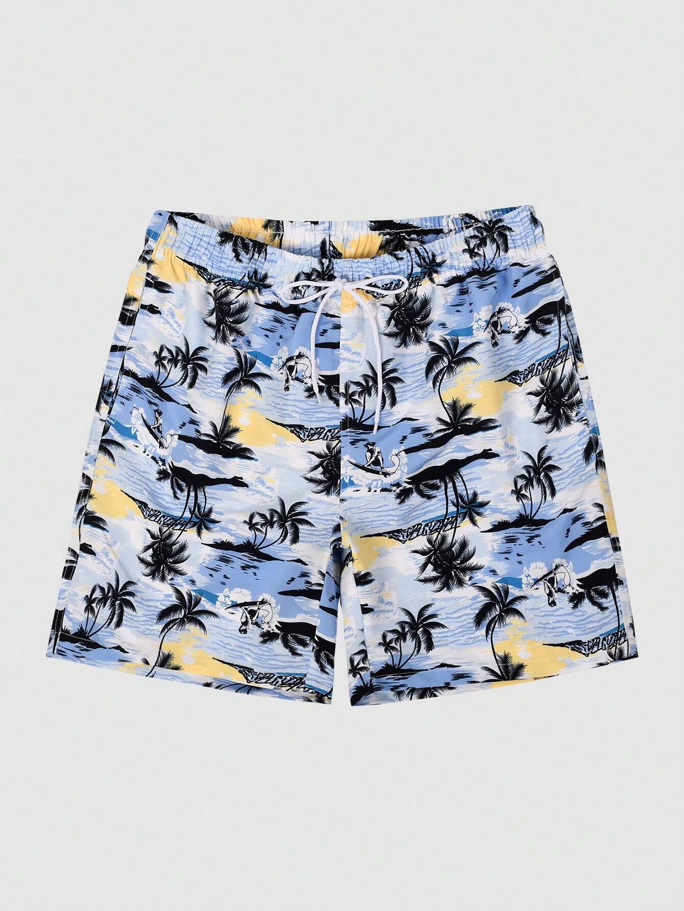 Print Drawstring Swim Trunks-Waves And Trunks