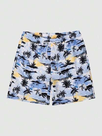 Print Drawstring Swim Trunks-Waves And Trunks