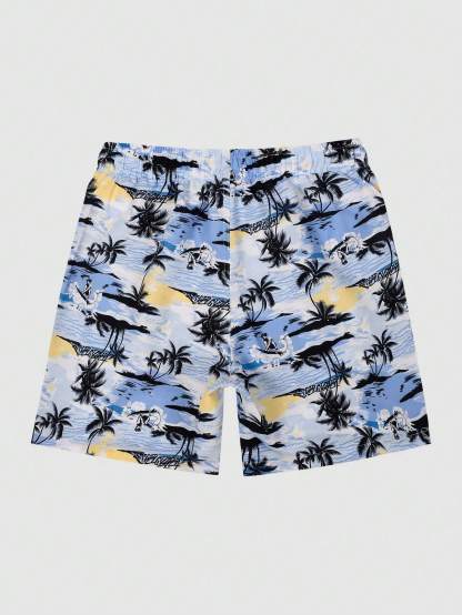 Print Drawstring Swim Trunks-Waves And Trunks