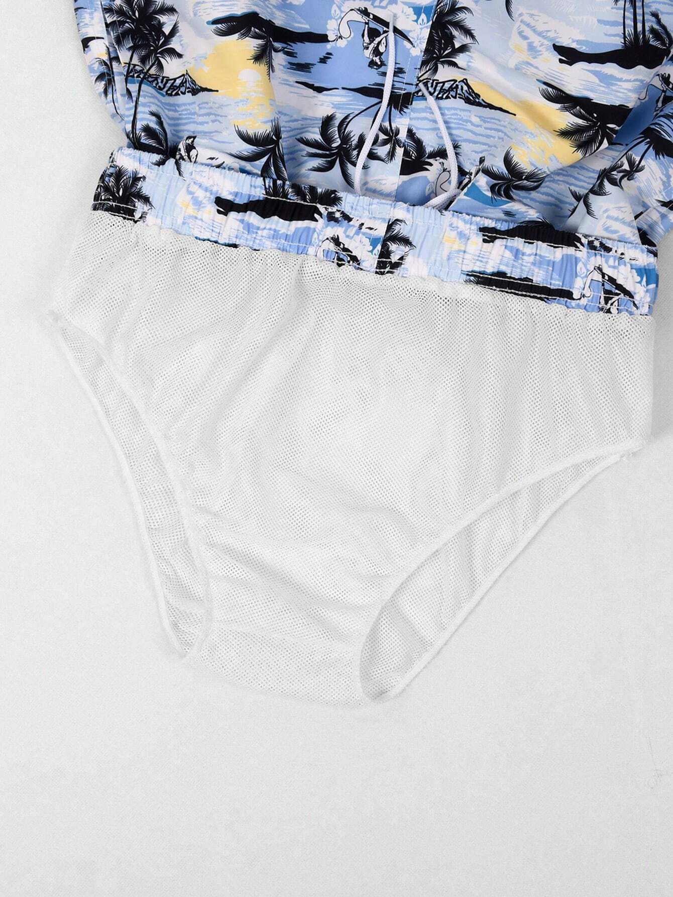 Print Drawstring Swim Trunks-Waves And Trunks
